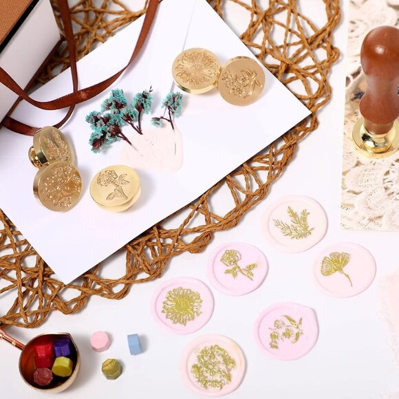 Wax Seal Stamp Gift Box Set 6 Sealing Stamp Heads 1 Wooden Hilt Floral Elegant B - Picture 5 of 10